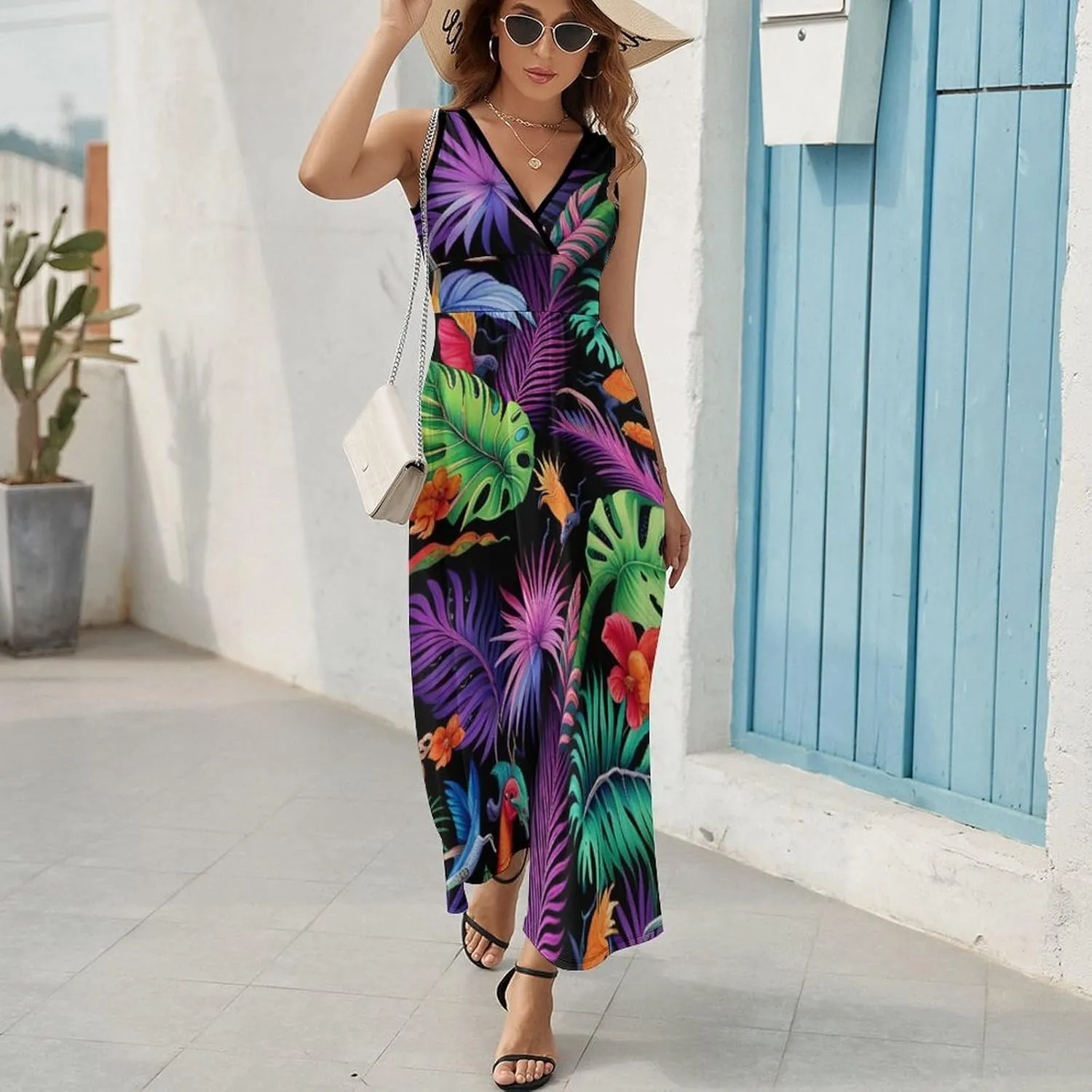 Summer Casual Tunic Dress V-Neck Sleeveless Fitted Beach Swing Dress