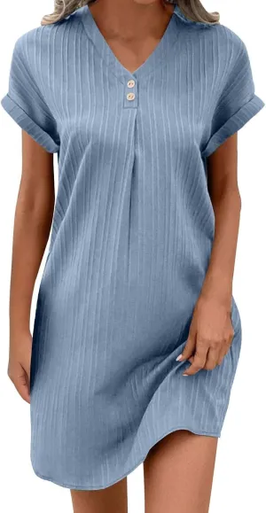 Summer Cotton Linen Collared Shift Shirt Dress Women Casual Loose Fit Roll-Up Short Sleeve V Neck Lounge Dresses