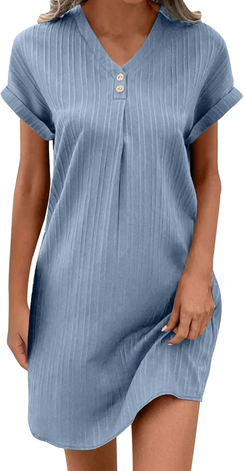 Summer Cotton Linen Collared Shift Shirt Dress Women Casual Loose Fit Roll-Up Short Sleeve V Neck Lounge Dresses