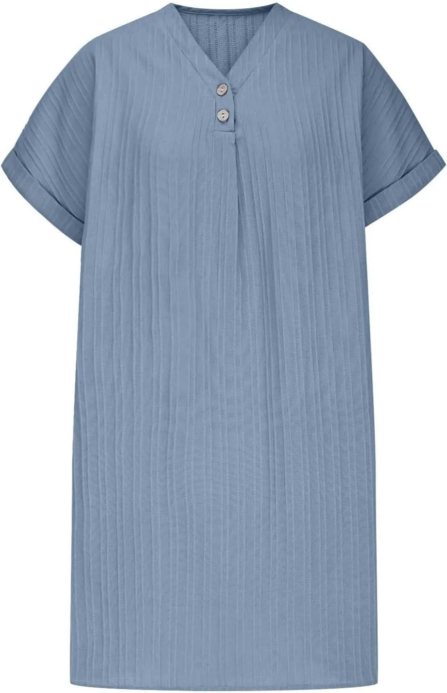Summer Cotton Linen Collared Shift Shirt Dress Women Casual Loose Fit Roll-Up Short Sleeve V Neck Lounge Dresses