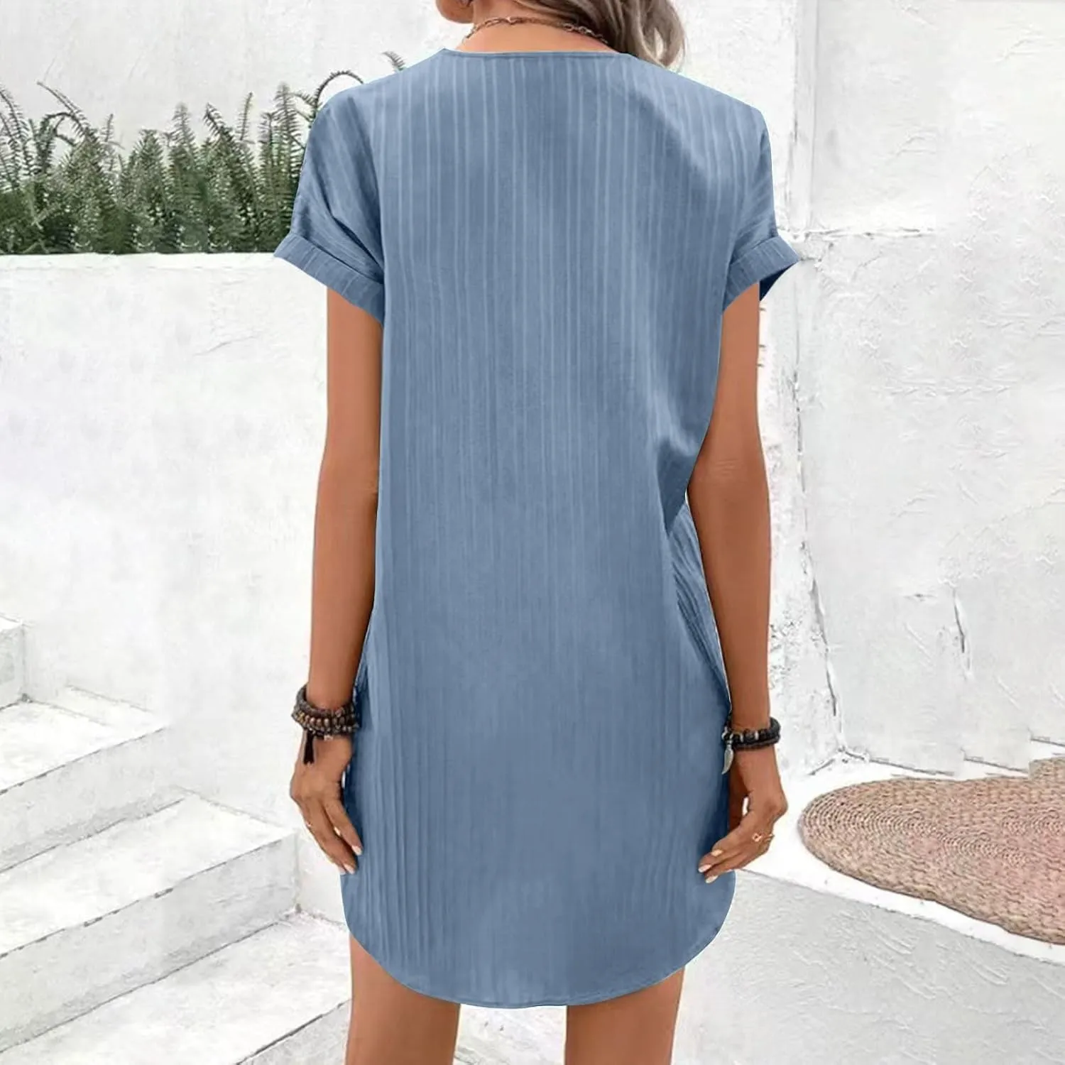 Summer Cotton Linen Collared Shift Shirt Dress Women Casual Loose Fit Roll-Up Short Sleeve V Neck Lounge Dresses