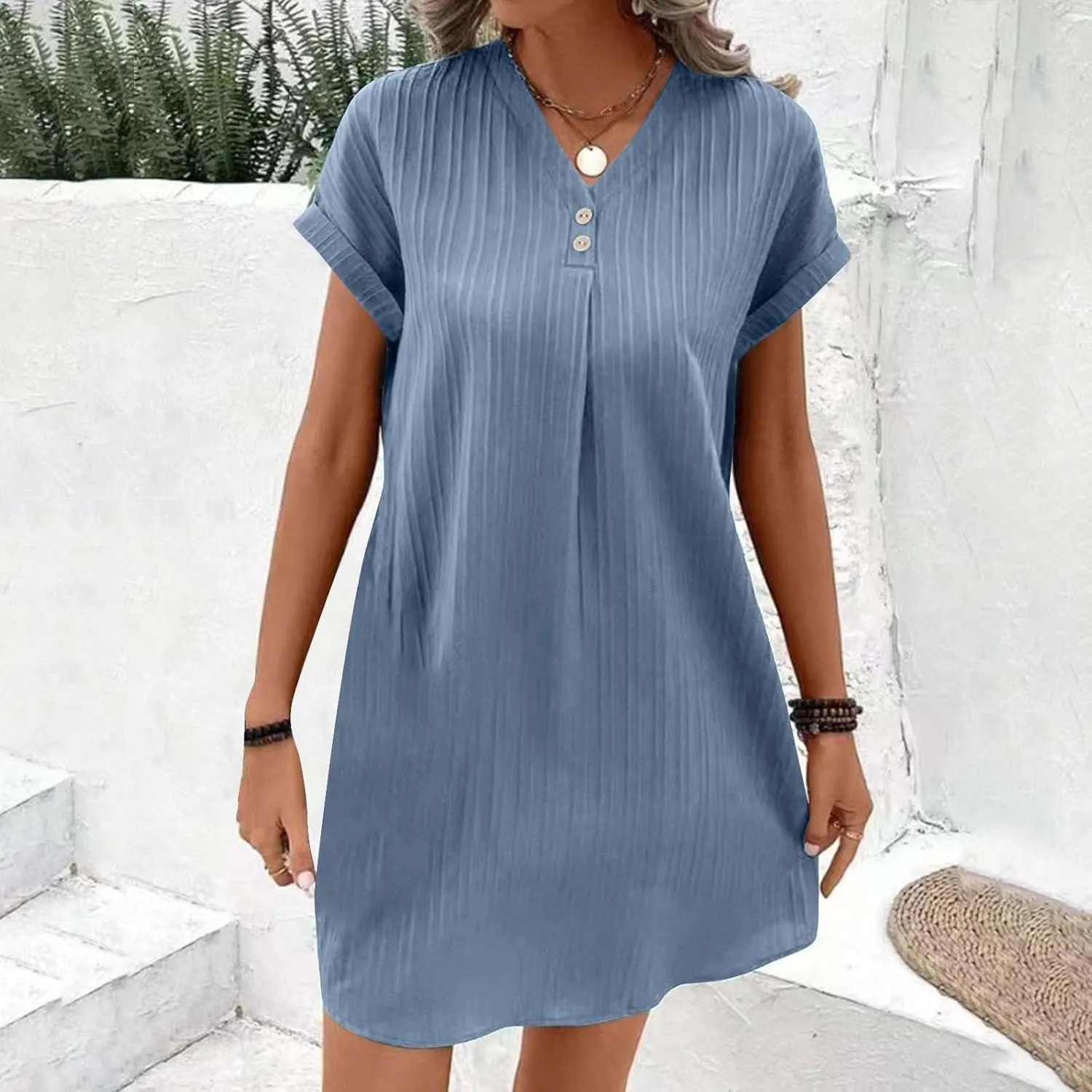 Summer Cotton Linen Collared Shift Shirt Dress Women Casual Loose Fit Roll-Up Short Sleeve V Neck Lounge Dresses