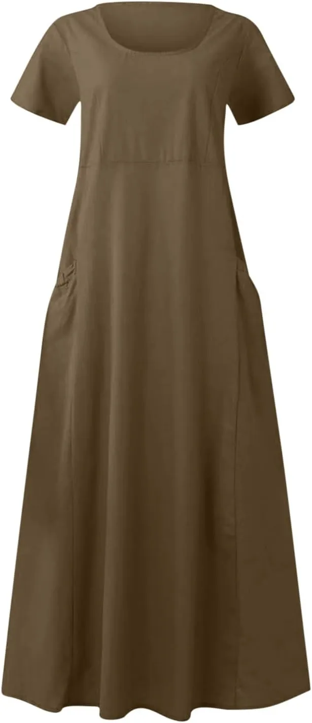 Summer Dresses for Women 2025 Flowy Cotton Linen Tshirt Dress Beach Vacation Maxi Short Sleeve Sundress with Pockets