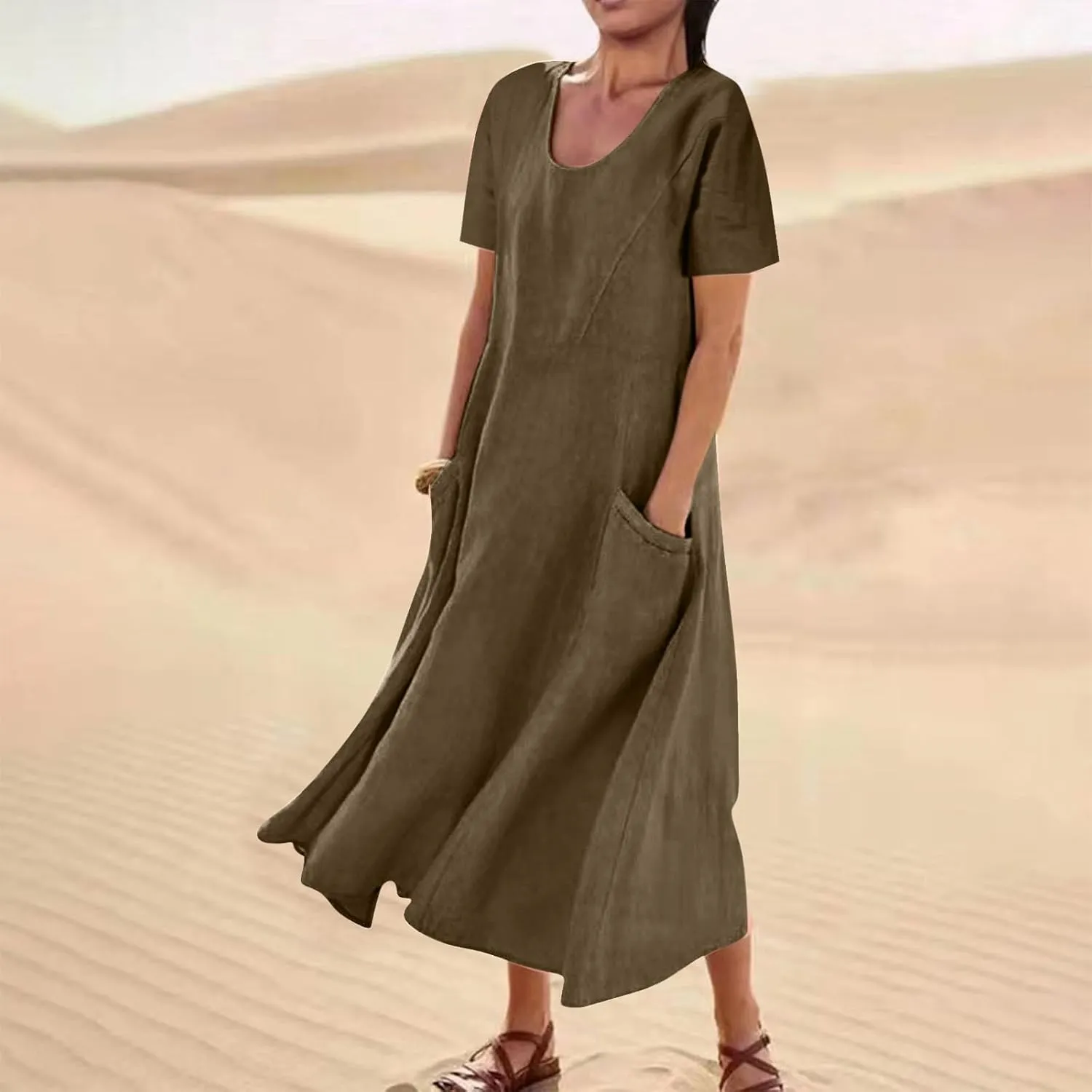 Summer Dresses for Women 2025 Flowy Cotton Linen Tshirt Dress Beach Vacation Maxi Short Sleeve Sundress with Pockets