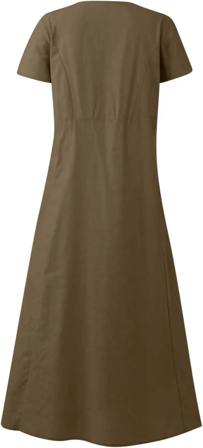 Summer Dresses for Women 2025 Flowy Cotton Linen Tshirt Dress Beach Vacation Maxi Short Sleeve Sundress with Pockets