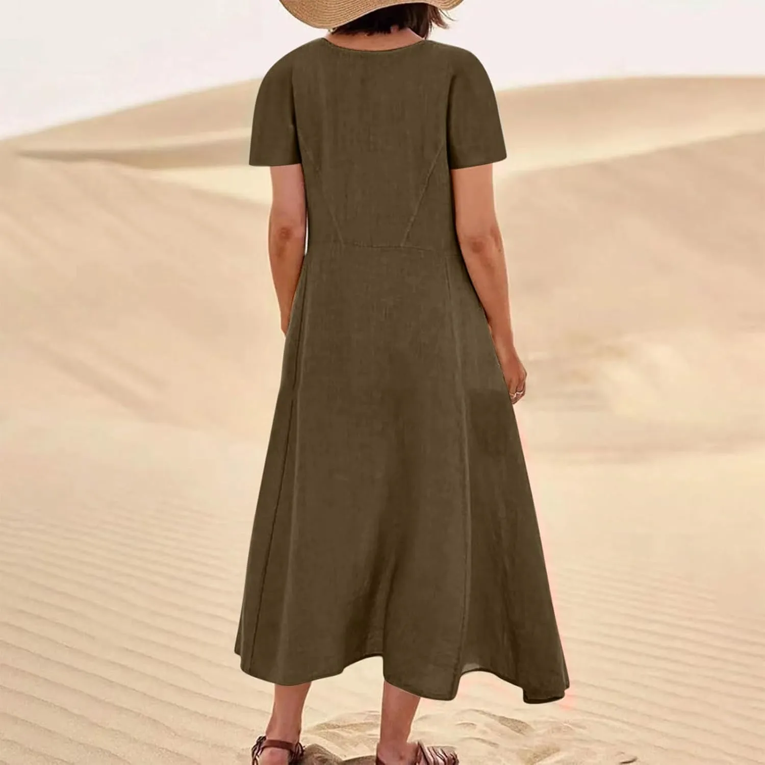Summer Dresses for Women 2025 Flowy Cotton Linen Tshirt Dress Beach Vacation Maxi Short Sleeve Sundress with Pockets