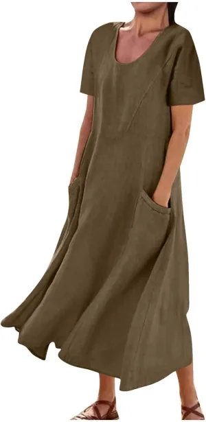Summer Dresses for Women 2025 Flowy Cotton Linen Tshirt Dress Beach Vacation Maxi Short Sleeve Sundress with Pockets