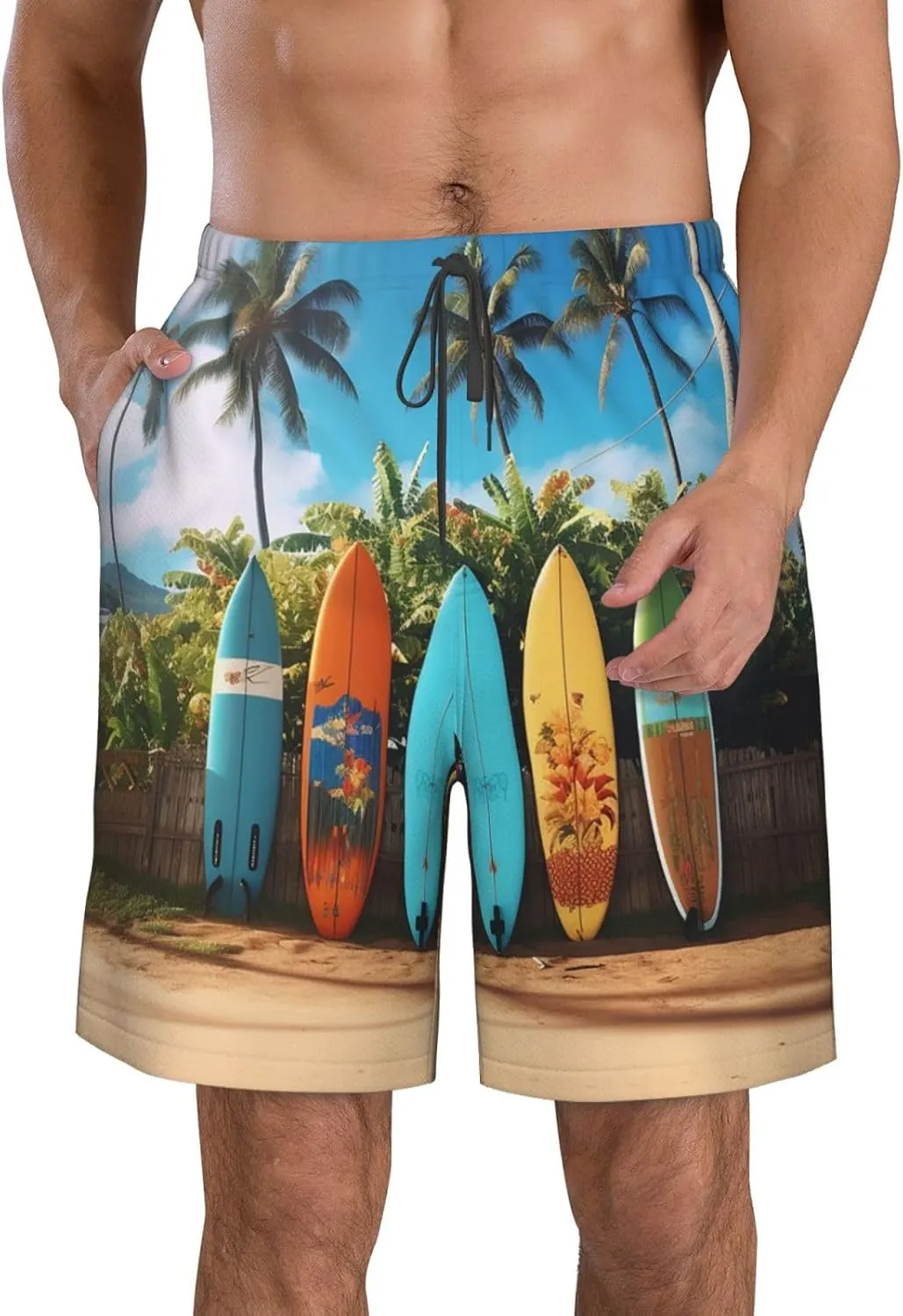 Surf's up Surfboard Men's Swim Trunks Quick Dry Swimming Board Shorts Drawstring Hawaiian Beach Shorts