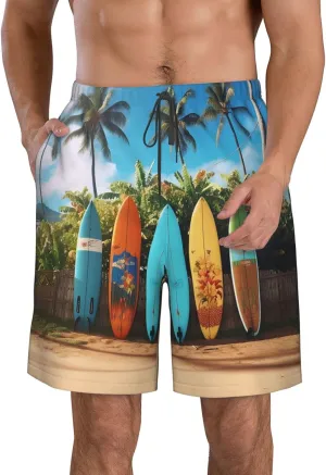 Surf's up Surfboard Men's Swim Trunks Quick Dry Swimming Board Shorts Drawstring Hawaiian Beach Shorts