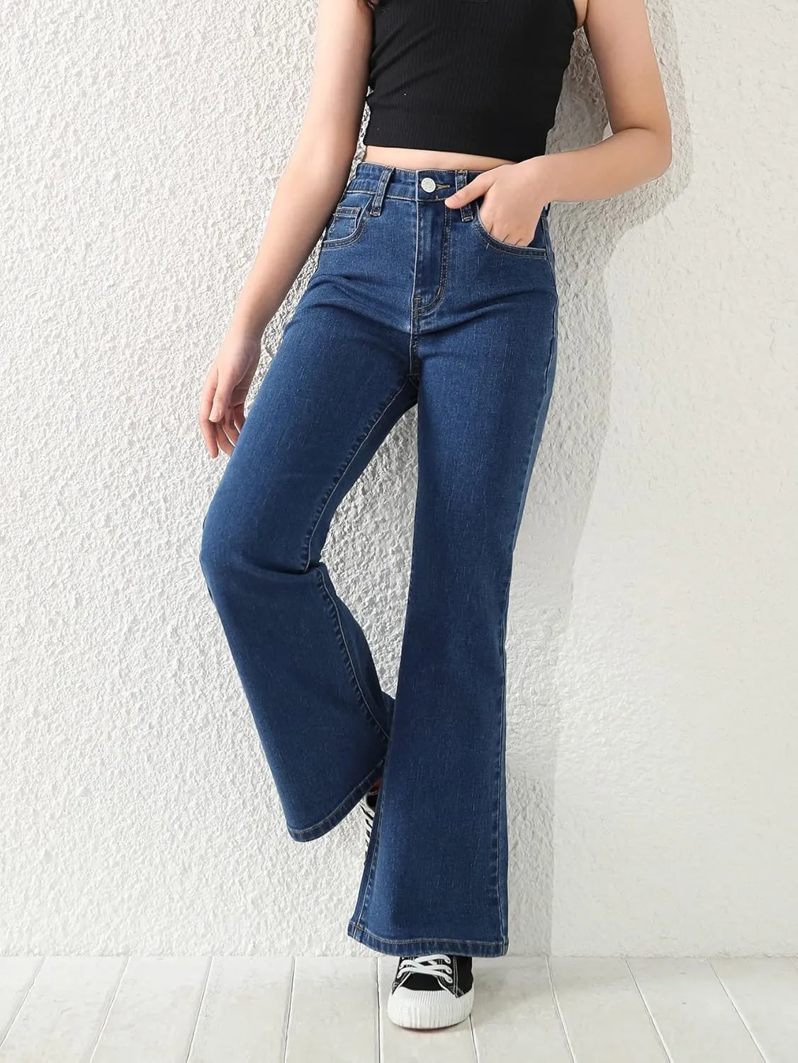 SweatyRocks Girl's Casual High Waist Solid Denim Pants Stretchy Flare Leg Jeans with Pocket