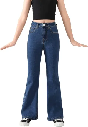SweatyRocks Girl's Casual High Waist Solid Denim Pants Stretchy Flare Leg Jeans with Pocket