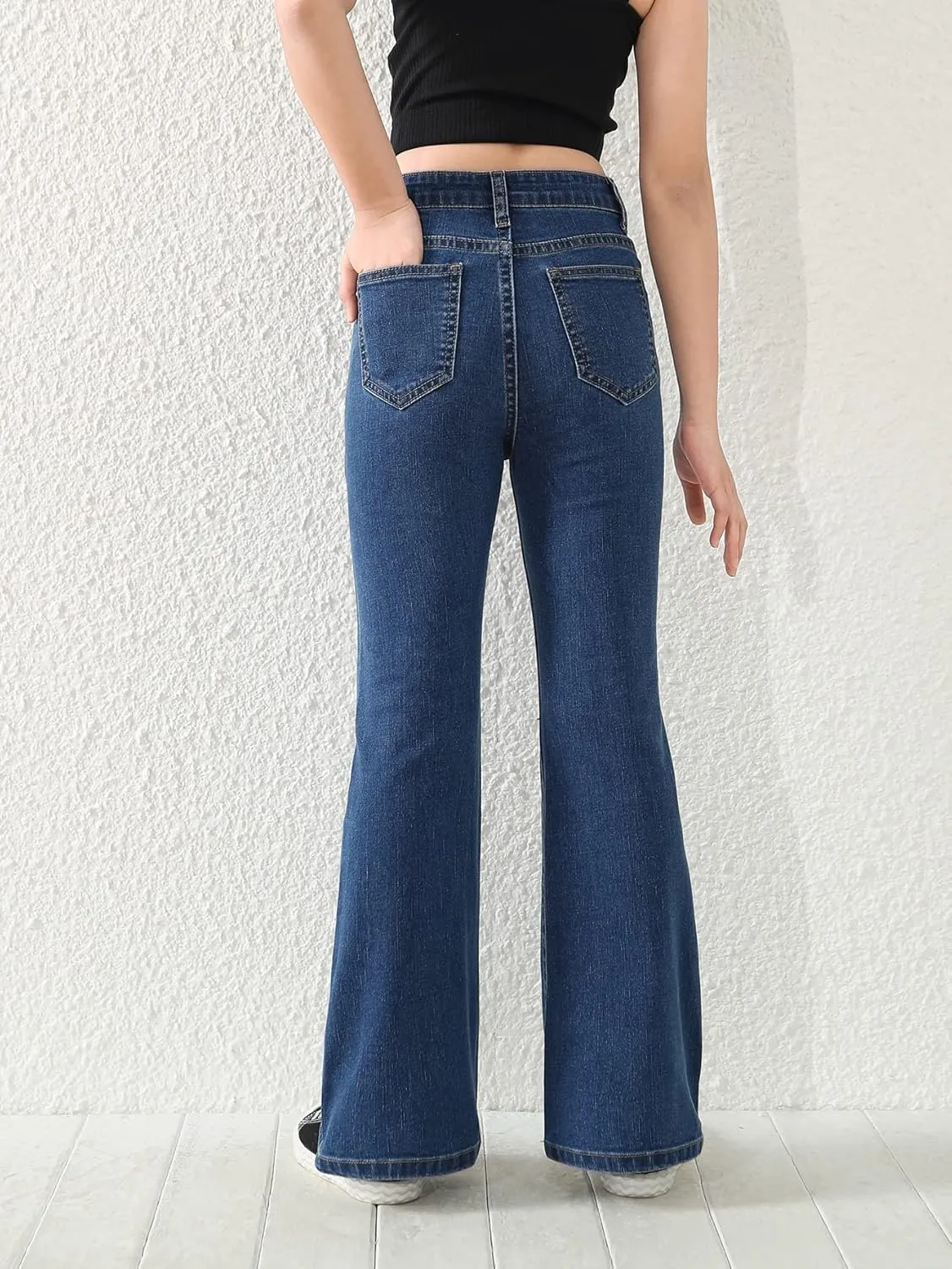 SweatyRocks Girl's Casual High Waist Solid Denim Pants Stretchy Flare Leg Jeans with Pocket
