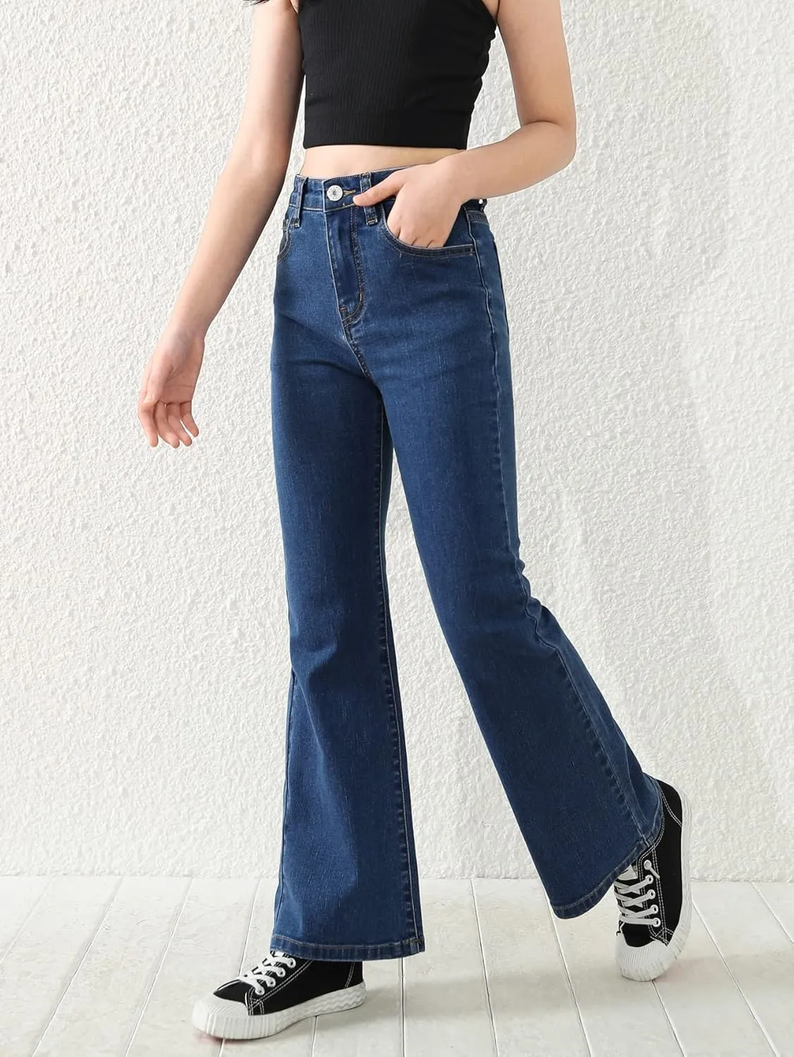 SweatyRocks Girl's Casual High Waist Solid Denim Pants Stretchy Flare Leg Jeans with Pocket