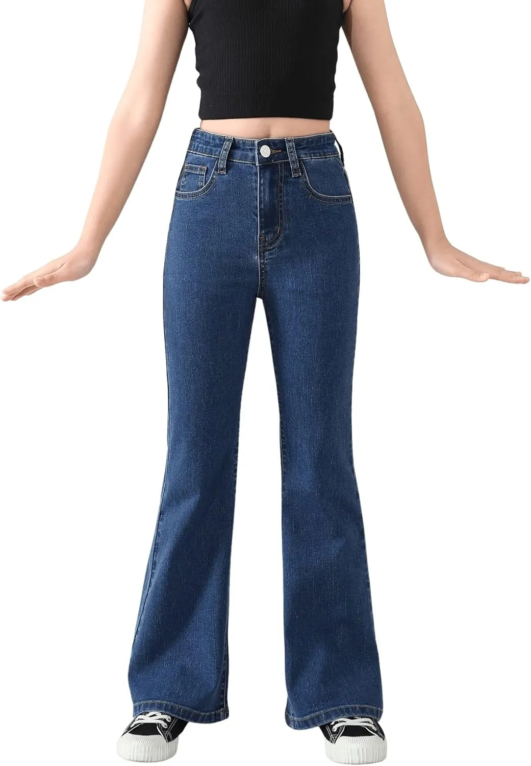 SweatyRocks Girl's Casual High Waist Solid Denim Pants Stretchy Flare Leg Jeans with Pocket