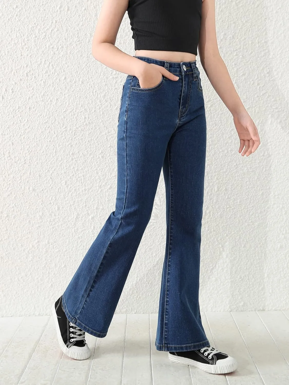 SweatyRocks Girl's Casual High Waist Solid Denim Pants Stretchy Flare Leg Jeans with Pocket