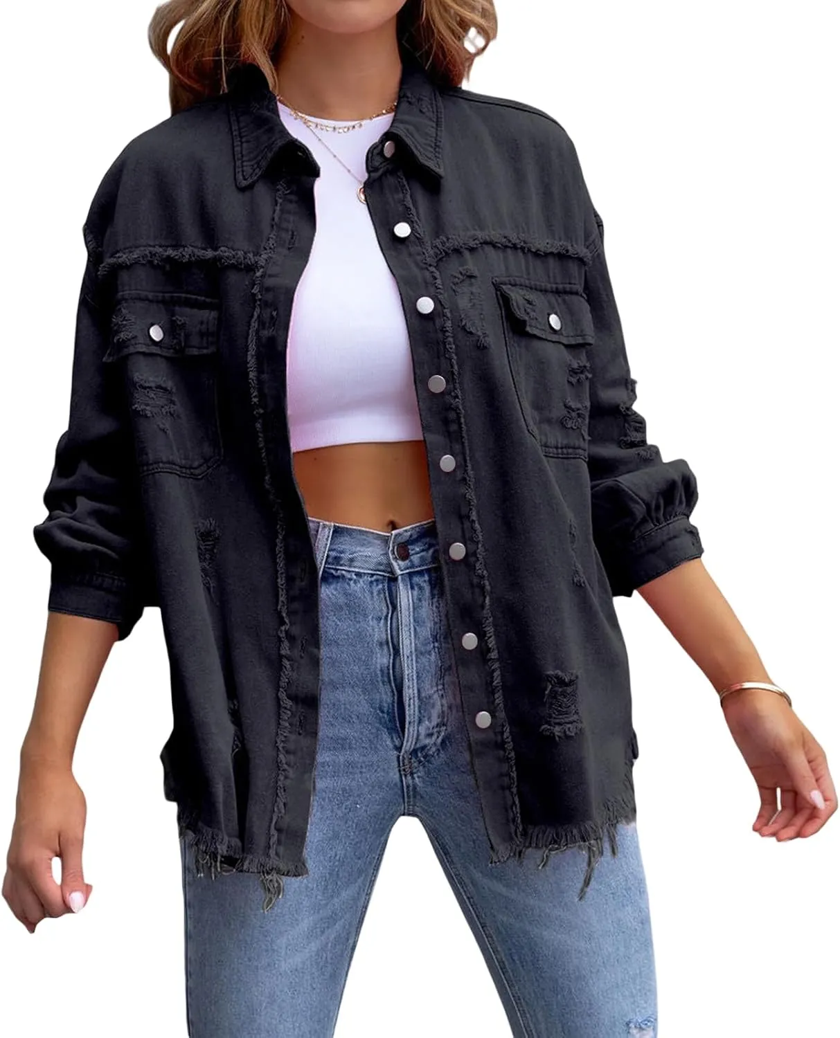 Tempura Women's Ripped Distressed Denim Jacket Long Sleeve Button Down Boyfriend Jean Coat Trucker Jacket