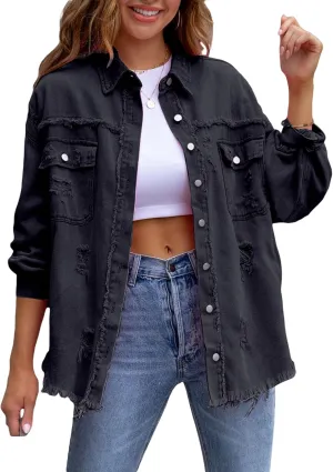 Tempura Women's Ripped Distressed Denim Jacket Long Sleeve Button Down Boyfriend Jean Coat Trucker Jacket
