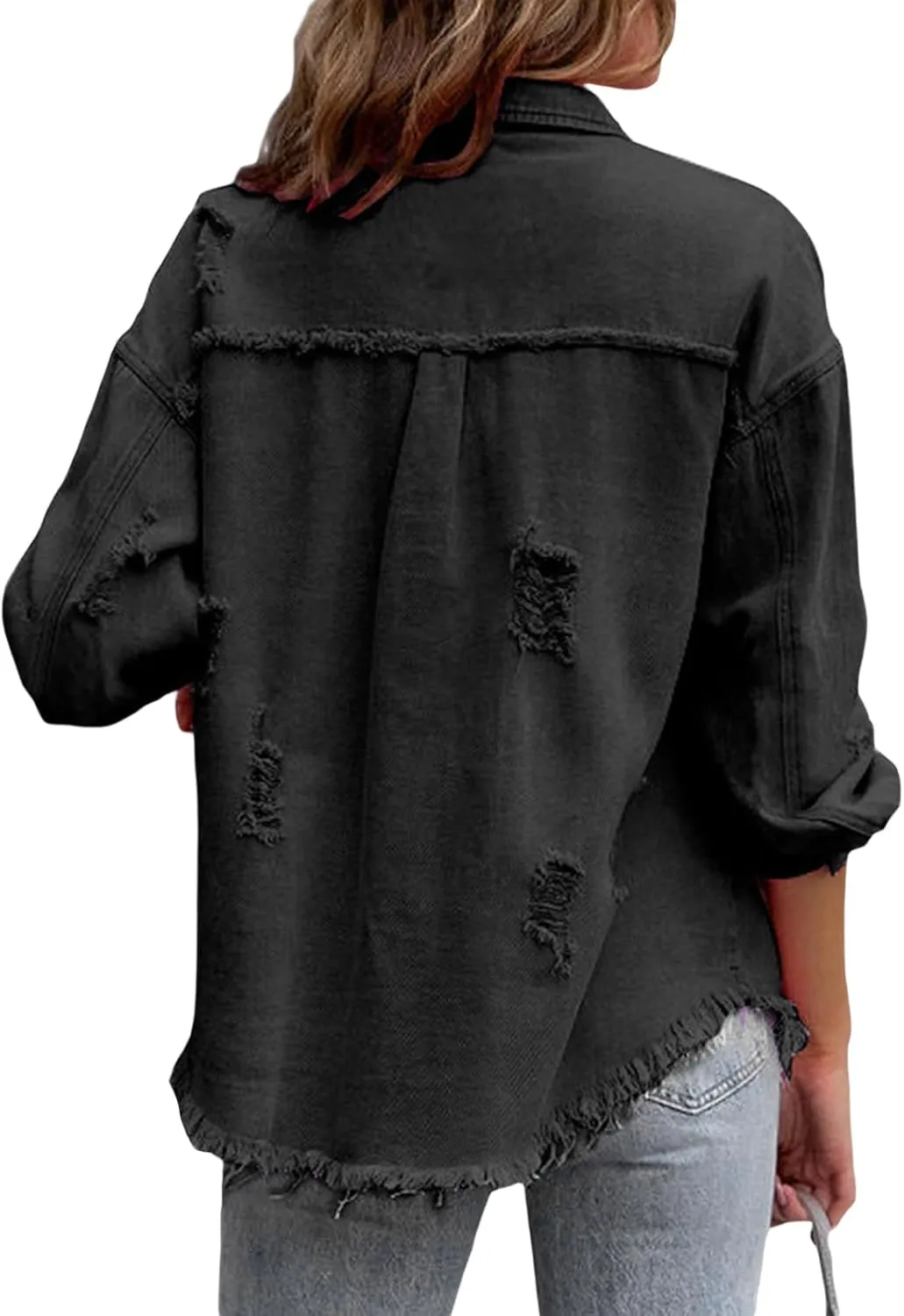 Tempura Women's Ripped Distressed Denim Jacket Long Sleeve Button Down Boyfriend Jean Coat Trucker Jacket
