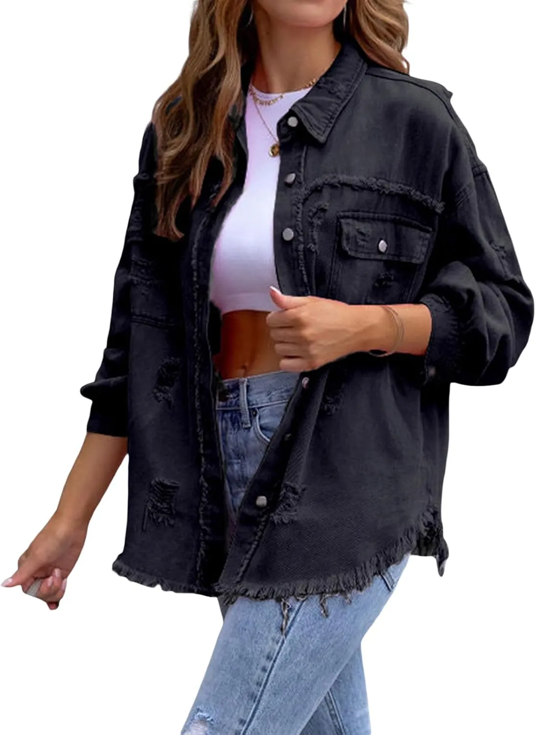 Tempura Women's Ripped Distressed Denim Jacket Long Sleeve Button Down Boyfriend Jean Coat Trucker Jacket