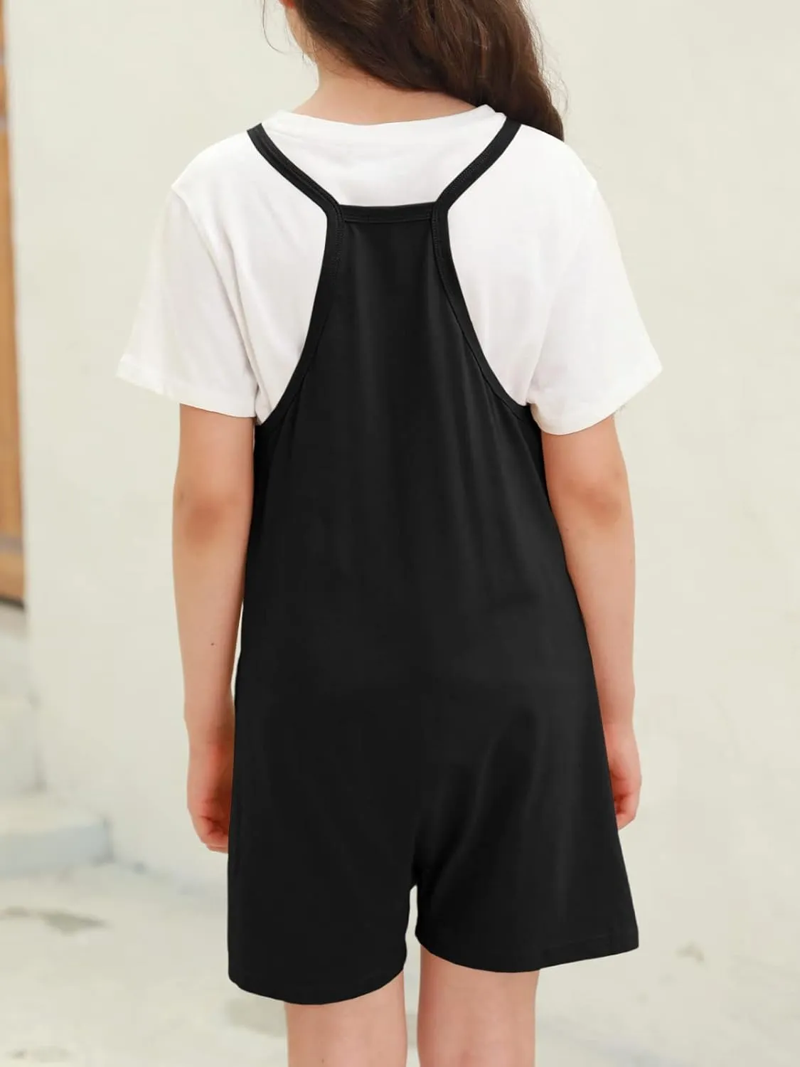 Tongmingyun Girls Summer Sleeveless Casual Romper Spaghetti Strap Shorts Jumpsuit with Pockets