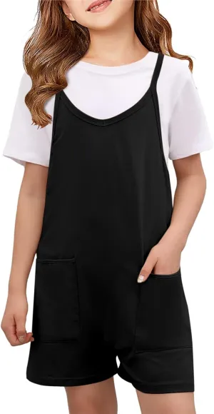 Tongmingyun Girls Summer Sleeveless Casual Romper Spaghetti Strap Shorts Jumpsuit with Pockets