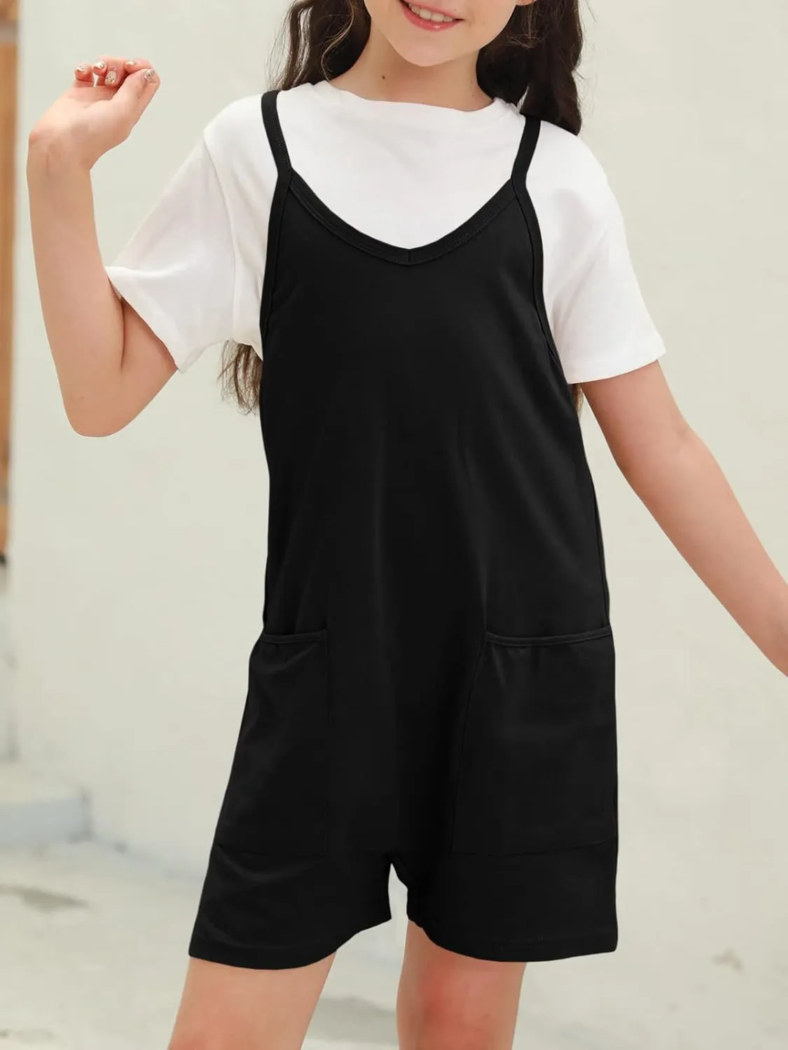 Tongmingyun Girls Summer Sleeveless Casual Romper Spaghetti Strap Shorts Jumpsuit with Pockets