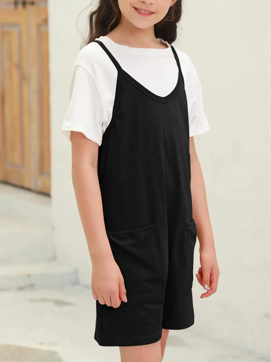 Tongmingyun Girls Summer Sleeveless Casual Romper Spaghetti Strap Shorts Jumpsuit with Pockets