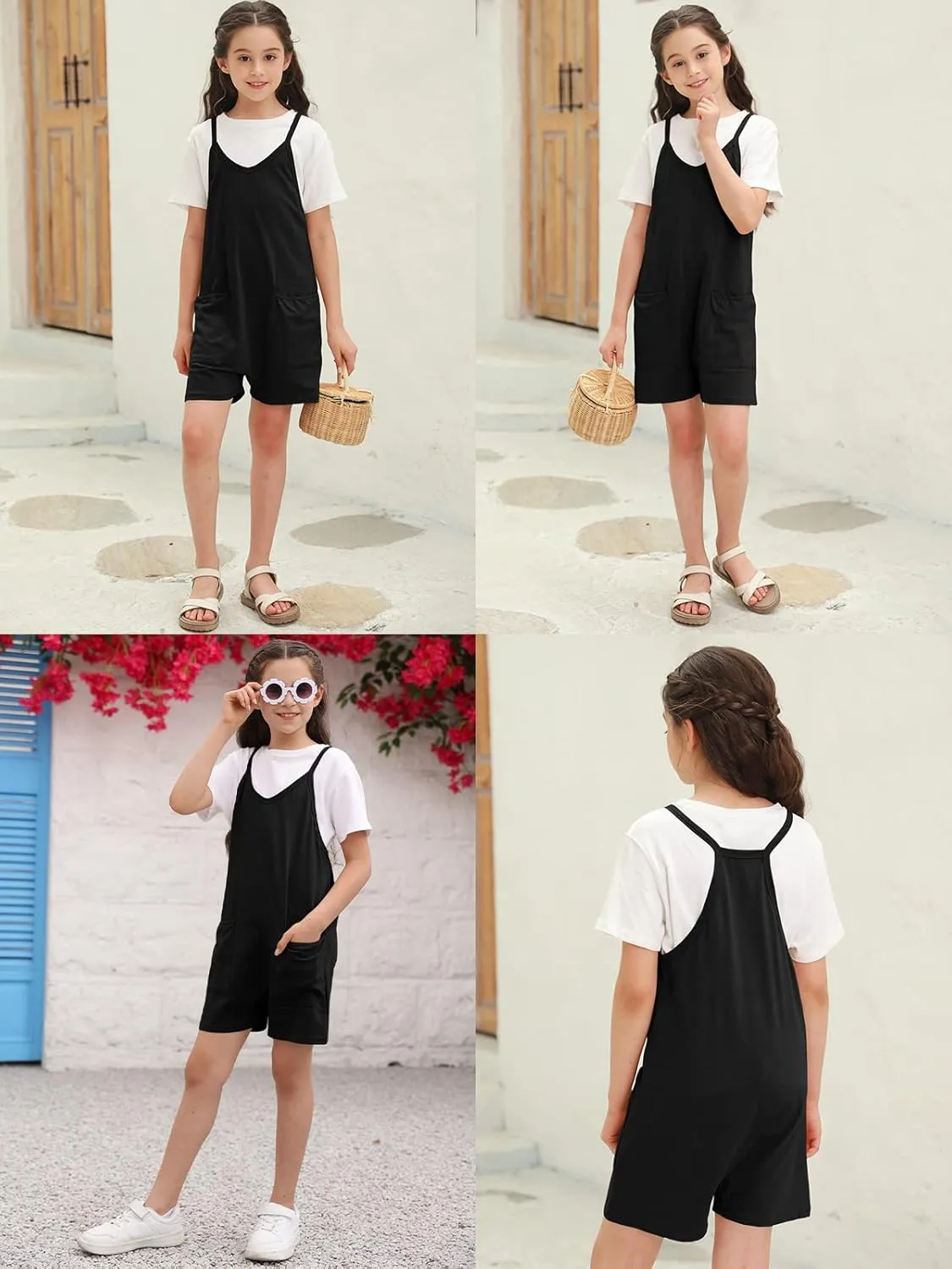 Tongmingyun Girls Summer Sleeveless Casual Romper Spaghetti Strap Shorts Jumpsuit with Pockets