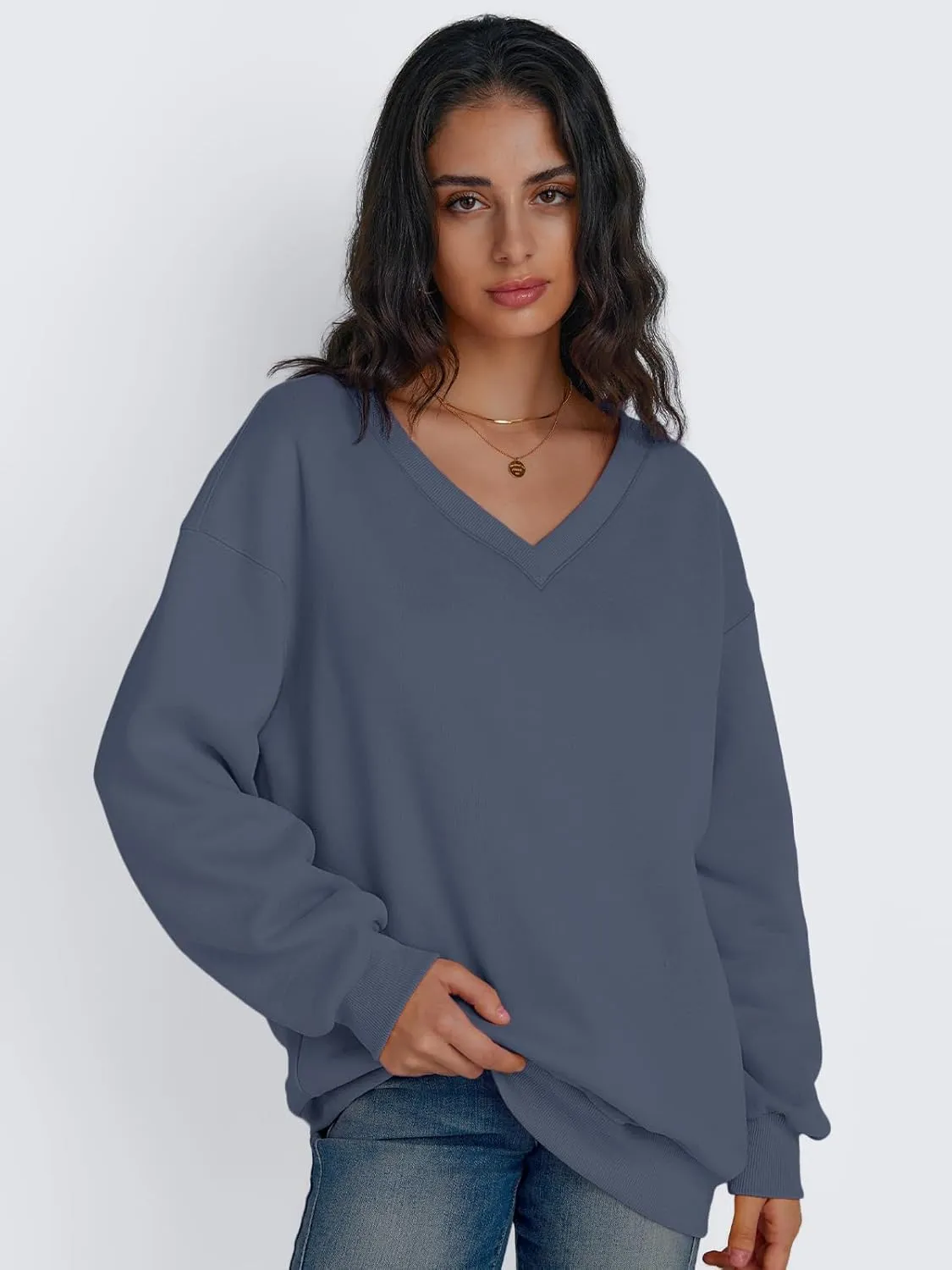 Trendy Queen Womens Oversized Sweatshirts Hoodies Fall Fashion 2024 Outfits Winter Clothes Sweaters Preppy V Neck Teen Girls