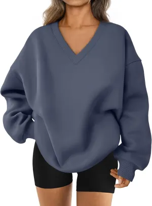 Trendy Queen Womens Oversized Sweatshirts Hoodies Fall Fashion 2024 Outfits Winter Clothes Sweaters Preppy V Neck Teen Girls