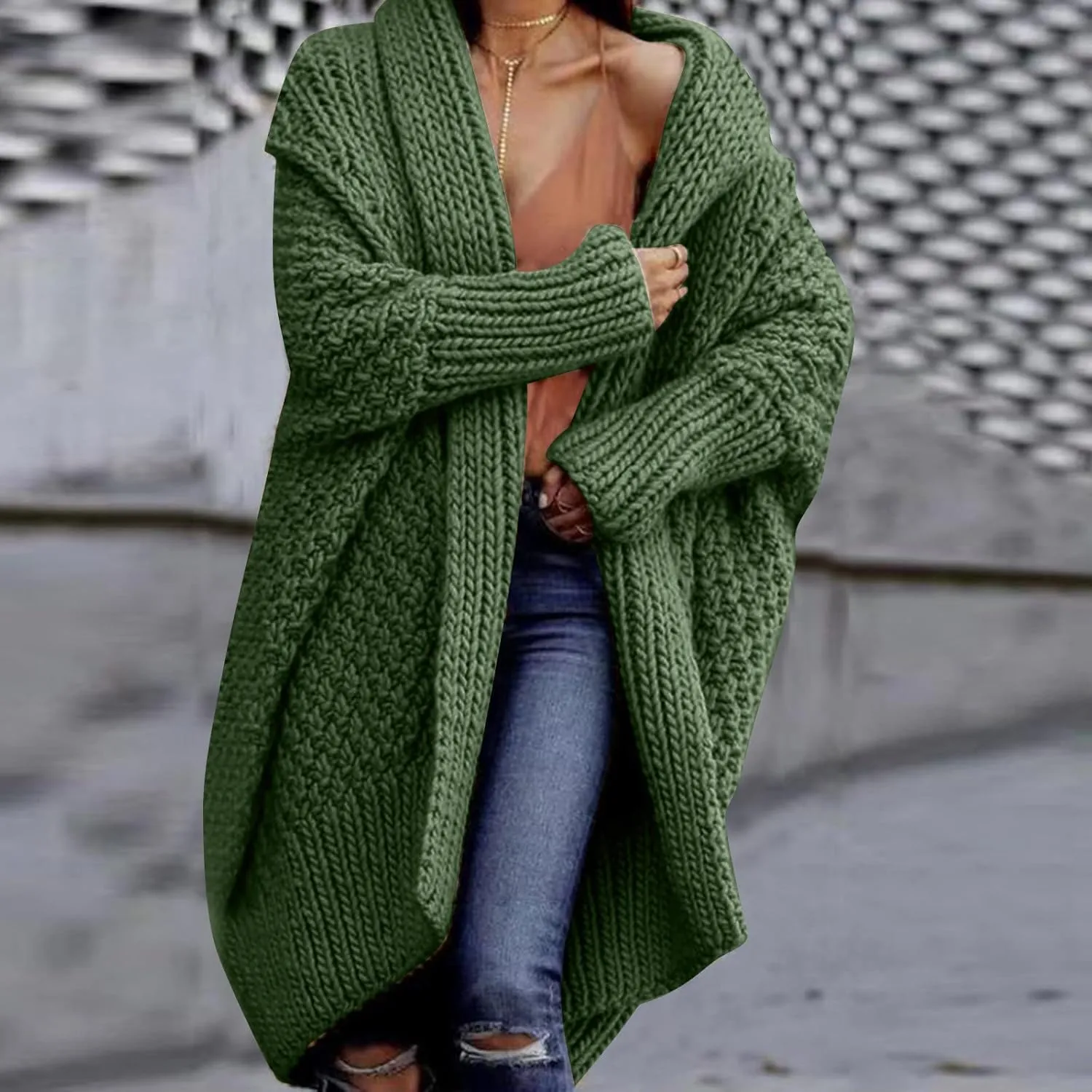 TUNUSKAT Womens Oversized Gray Cardigan Sweaters Fall Winter Fashion Cable Sweater Mid-Length Chunky Open Front Plain Outwear