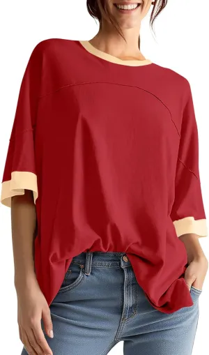 UEU Women's Short 3/4 Sleeve Oversized T Shirts Cotton Tops Summer Casual Tshirts Tee Basic Color Block Trendy Clothes