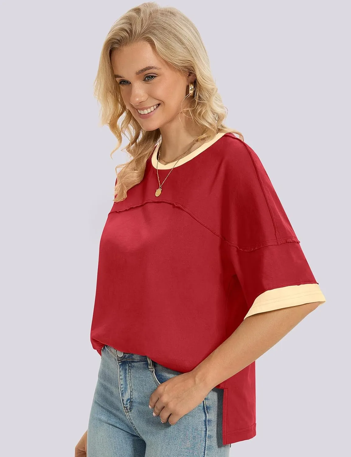 UEU Women's Short 3/4 Sleeve Oversized T Shirts Cotton Tops Summer Casual Tshirts Tee Basic Color Block Trendy Clothes