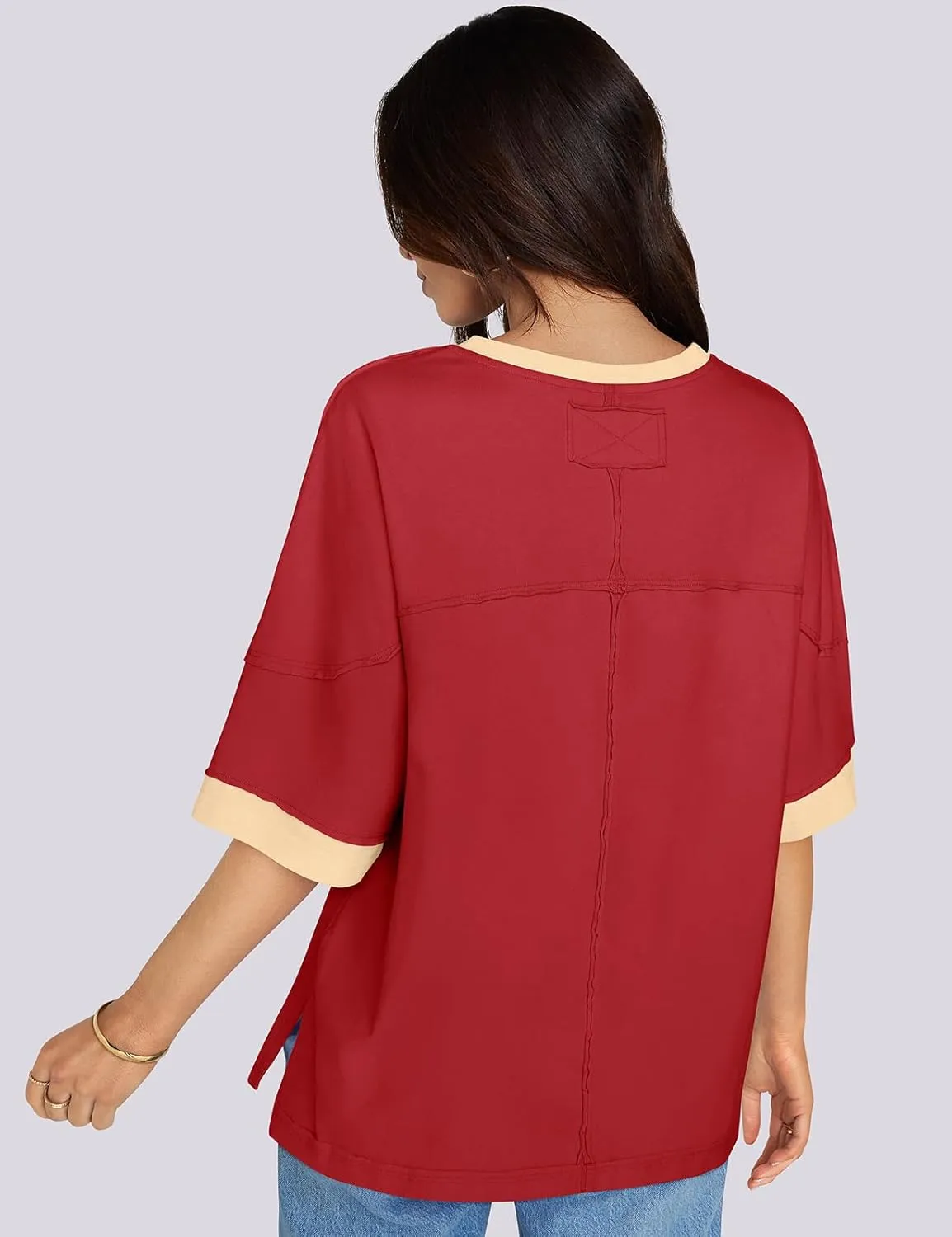 UEU Women's Short 3/4 Sleeve Oversized T Shirts Cotton Tops Summer Casual Tshirts Tee Basic Color Block Trendy Clothes