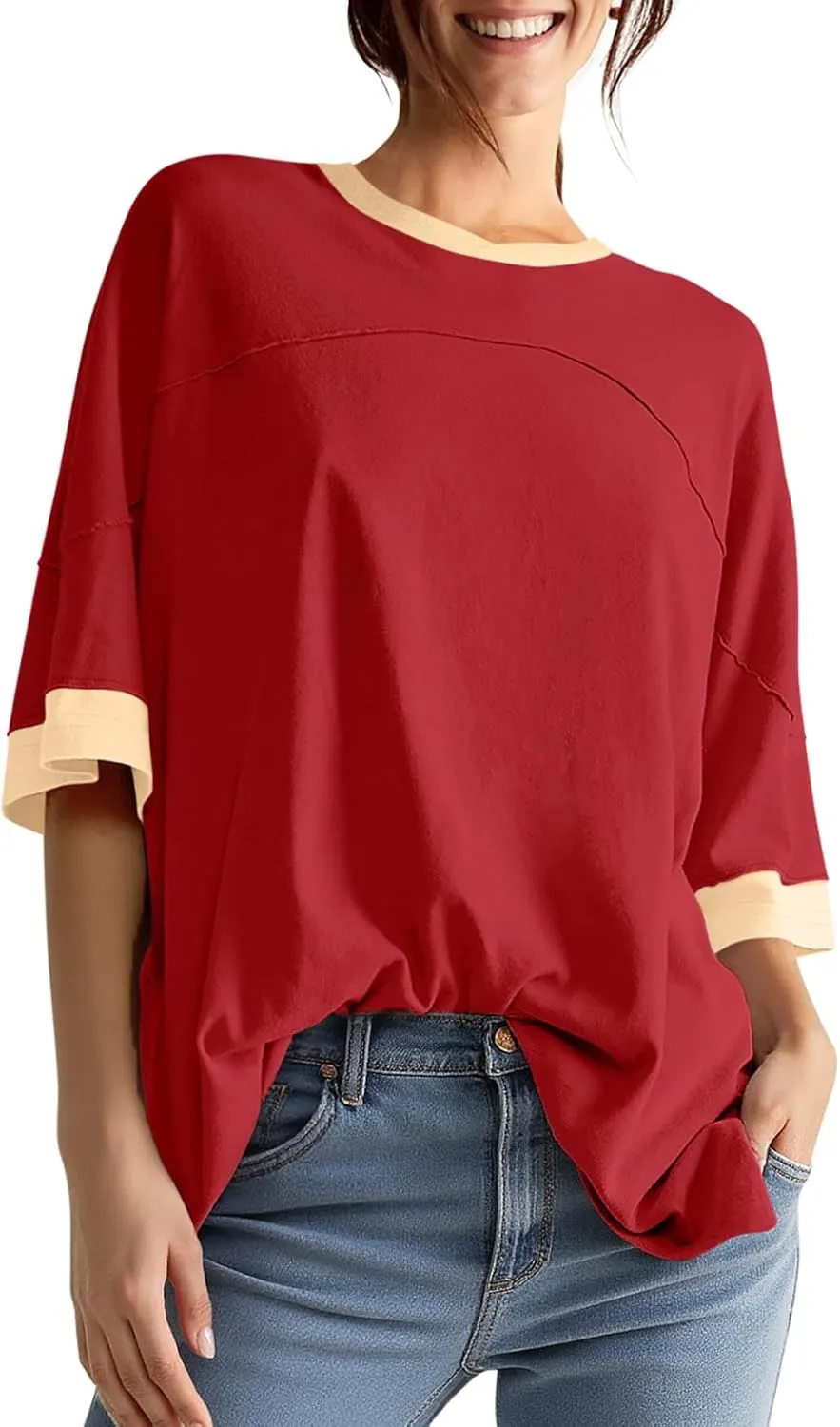UEU Women's Short 3/4 Sleeve Oversized T Shirts Cotton Tops Summer Casual Tshirts Tee Basic Color Block Trendy Clothes