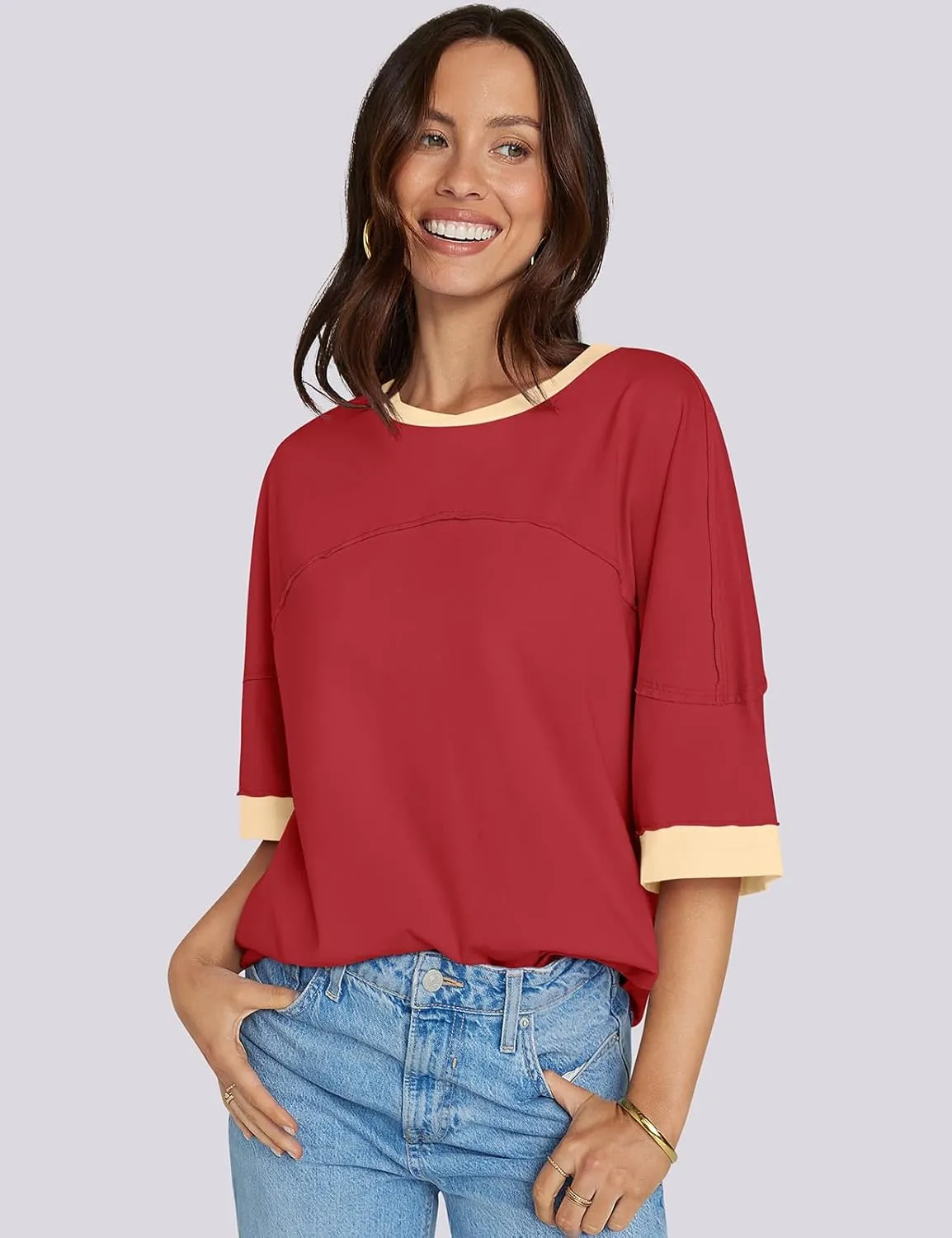 UEU Women's Short 3/4 Sleeve Oversized T Shirts Cotton Tops Summer Casual Tshirts Tee Basic Color Block Trendy Clothes