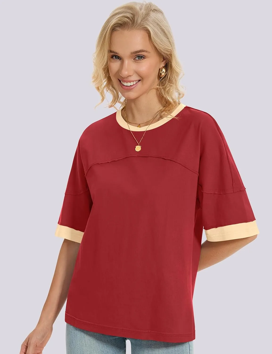 UEU Women's Short 3/4 Sleeve Oversized T Shirts Cotton Tops Summer Casual Tshirts Tee Basic Color Block Trendy Clothes