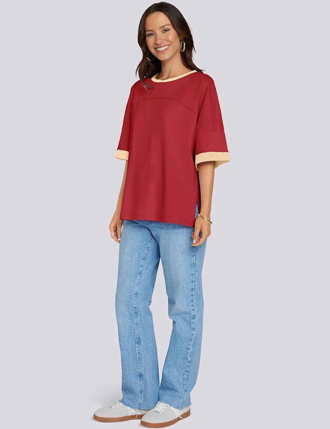 UEU Women's Short 3/4 Sleeve Oversized T Shirts Cotton Tops Summer Casual Tshirts Tee Basic Color Block Trendy Clothes