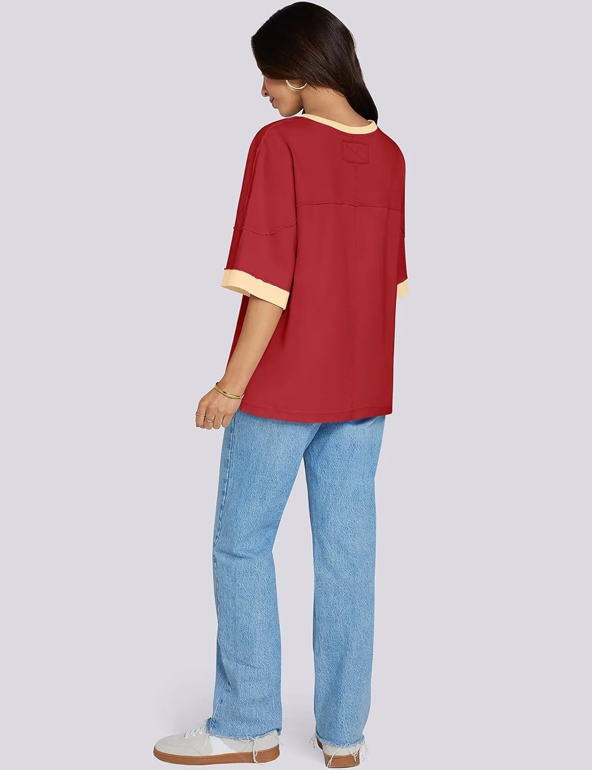 UEU Women's Short 3/4 Sleeve Oversized T Shirts Cotton Tops Summer Casual Tshirts Tee Basic Color Block Trendy Clothes