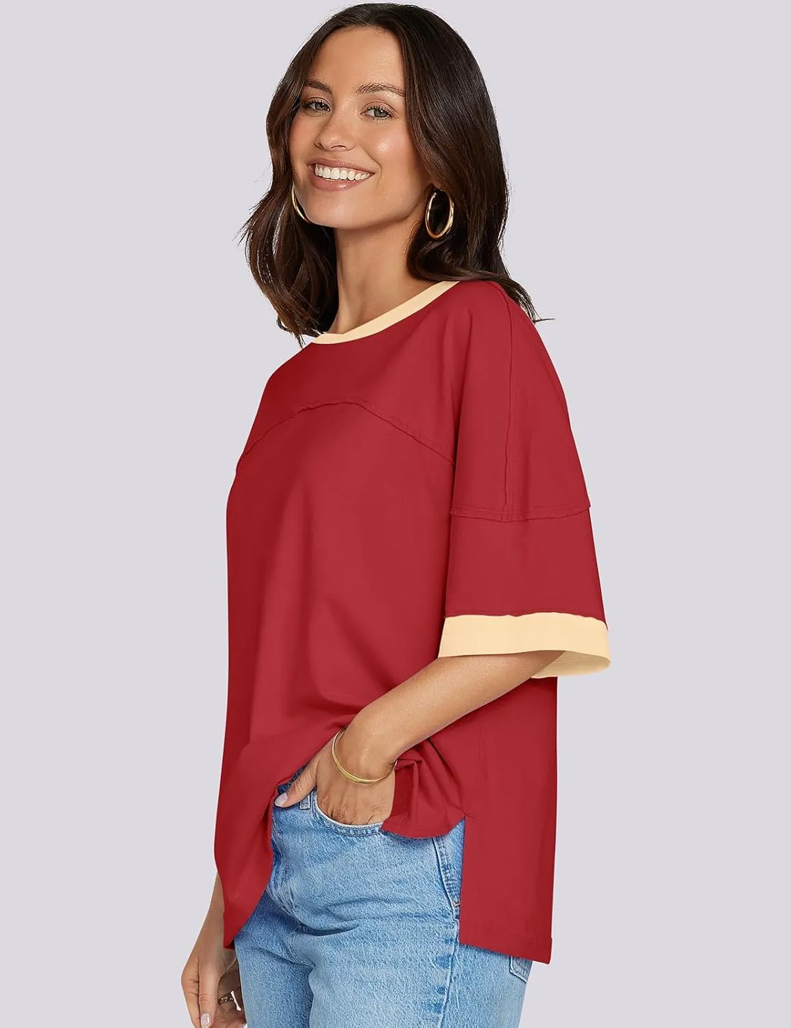 UEU Women's Short 3/4 Sleeve Oversized T Shirts Cotton Tops Summer Casual Tshirts Tee Basic Color Block Trendy Clothes