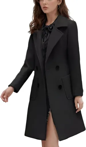 utcoco Women's Elegant Wool Blend Mid-Long Coat Notch Lapel Double Breasted Jacket Outwear