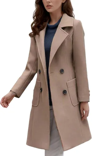 utcoco Women's Elegant Wool Blend Mid-Long Coat Notch Lapel Double Breasted Jacket Outwear