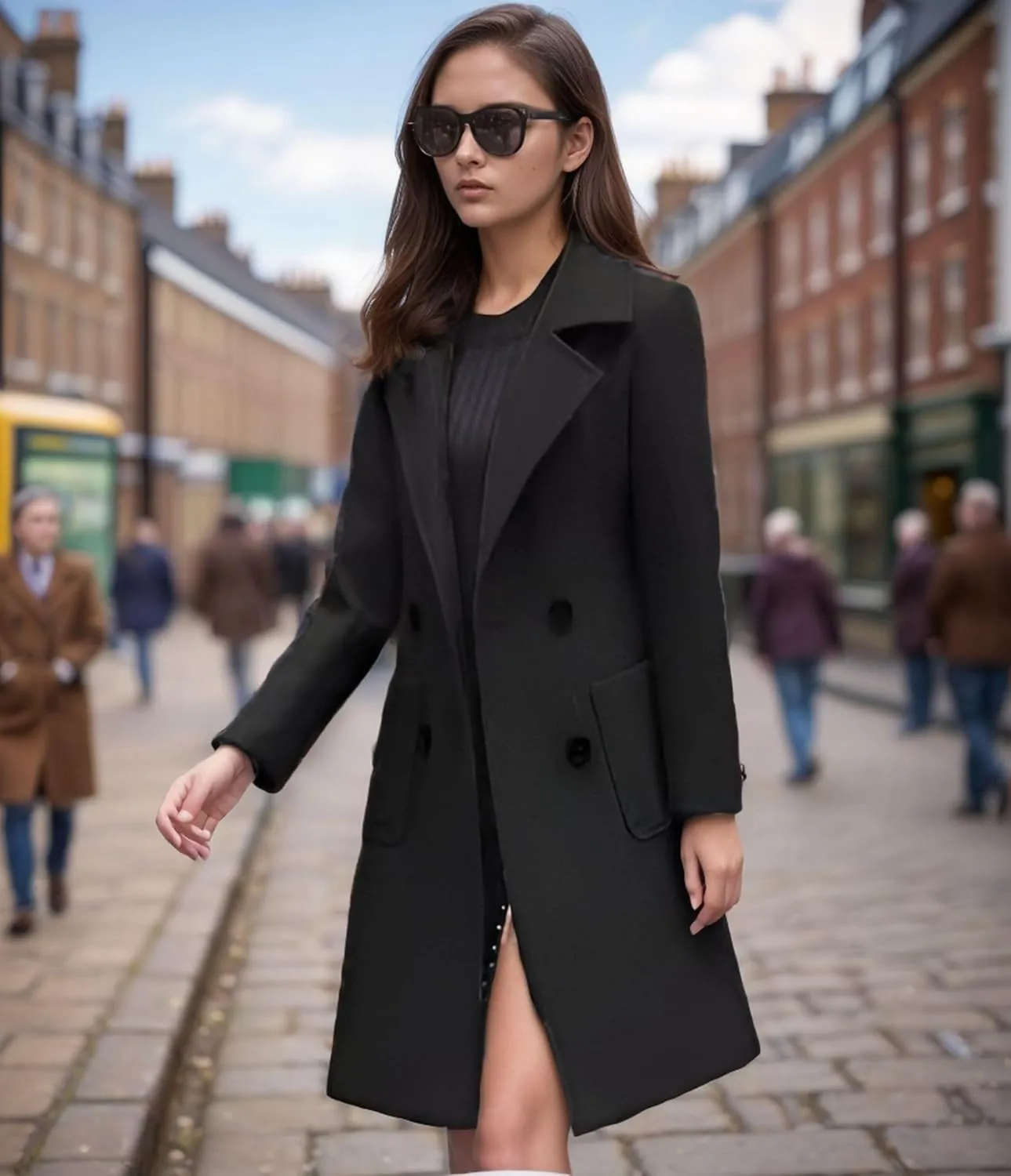 utcoco Women's Elegant Wool Blend Mid-Long Coat Notch Lapel Double Breasted Jacket Outwear