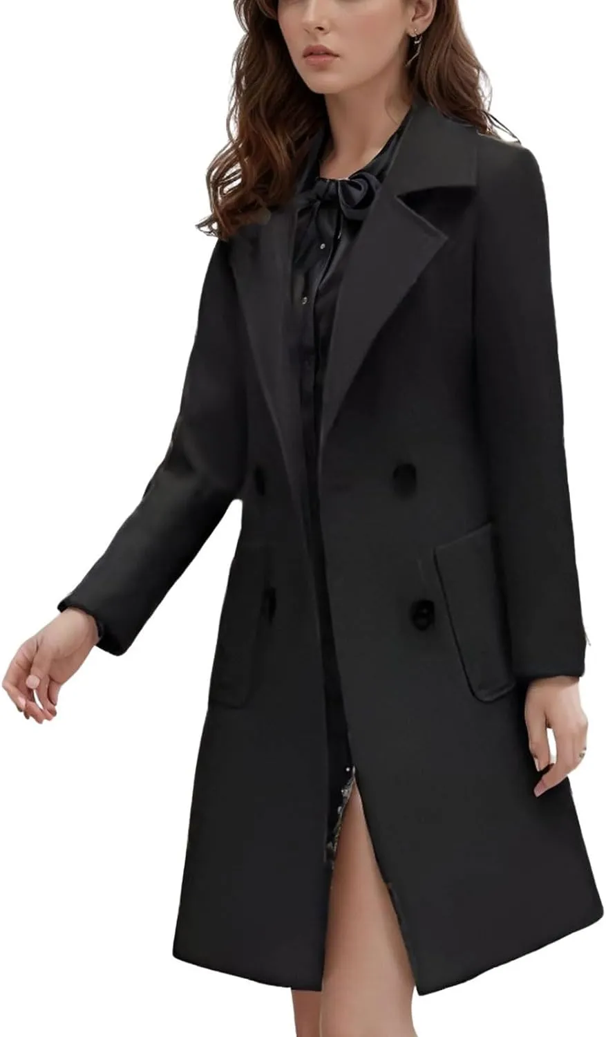 utcoco Women's Elegant Wool Blend Mid-Long Coat Notch Lapel Double Breasted Jacket Outwear