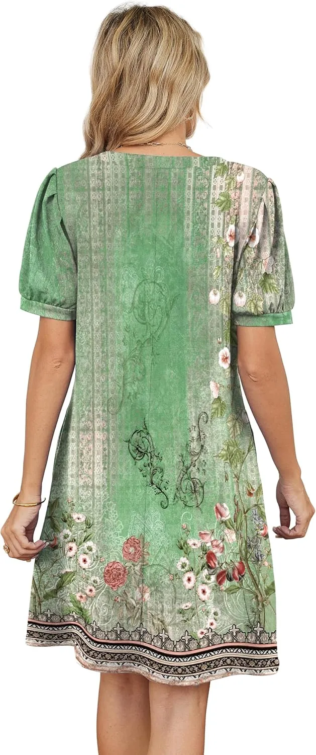 V-Neck Summer Casual Sundress for Women- Puff Short Sleeve Swing Beach Dress with Pockets