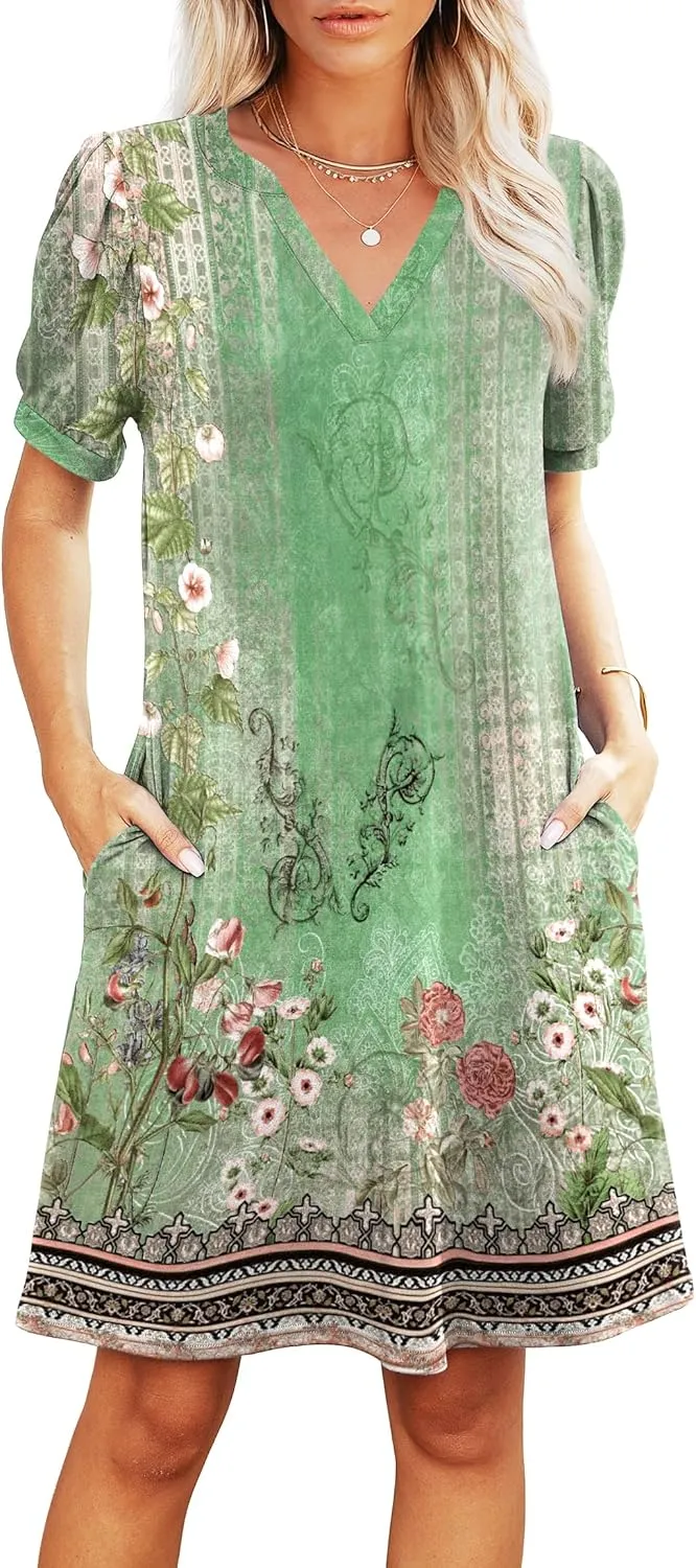 V-Neck Summer Casual Sundress for Women- Puff Short Sleeve Swing Beach Dress with Pockets