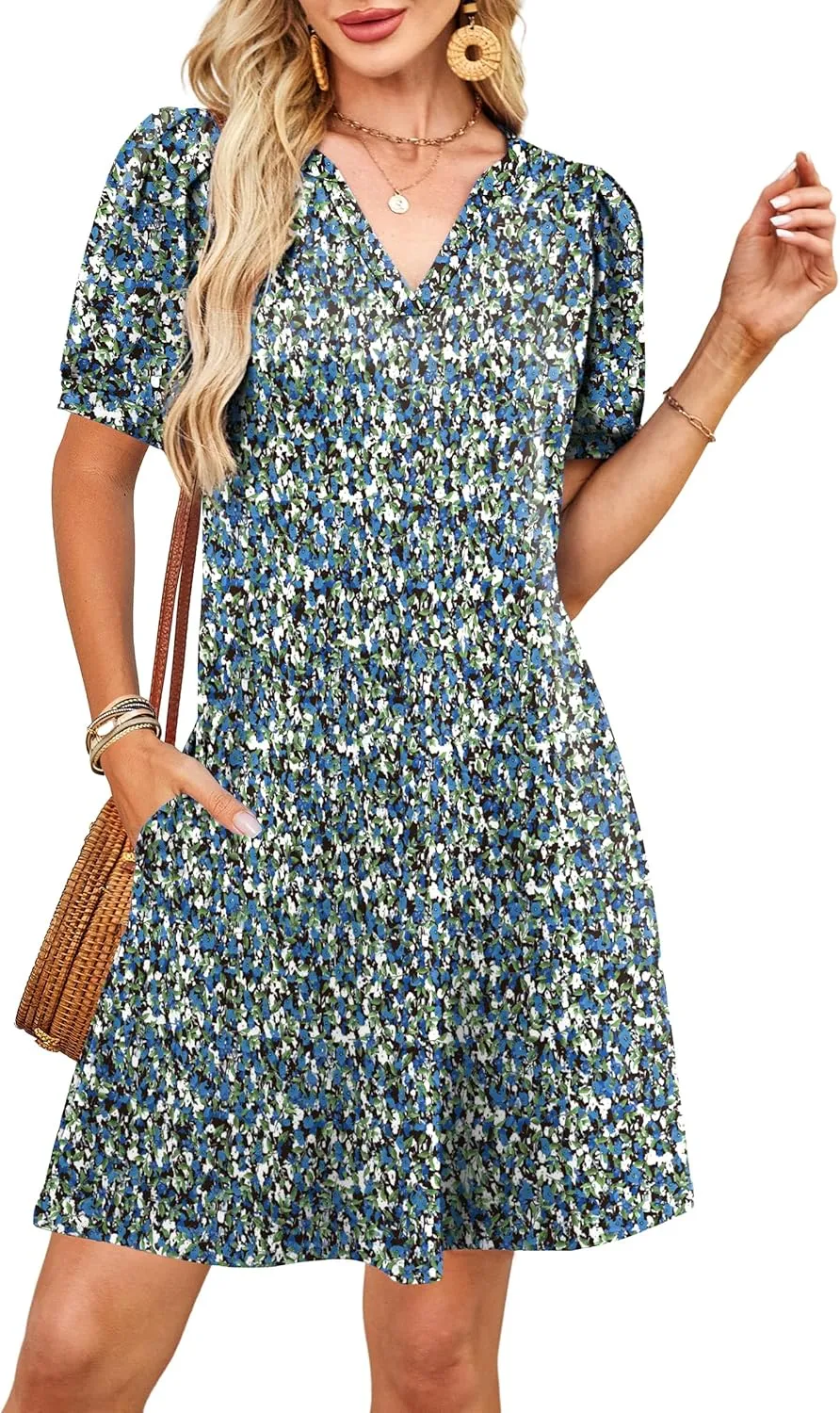 V-Neck Summer Casual Sundress for Women- Puff Short Sleeve Swing Beach Dress with Pockets