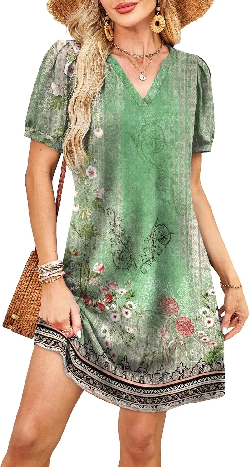 V-Neck Summer Casual Sundress for Women- Puff Short Sleeve Swing Beach Dress with Pockets