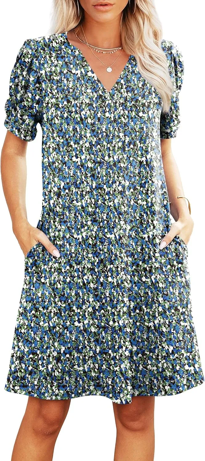 V-Neck Summer Casual Sundress for Women- Puff Short Sleeve Swing Beach Dress with Pockets