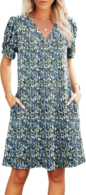 V-Neck Summer Casual Sundress for Women- Puff Short Sleeve Swing Beach Dress with Pockets